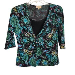 Choices Women Top Size M Black Colorful Sparkle Thread Paisley Floral .75 Sleeve